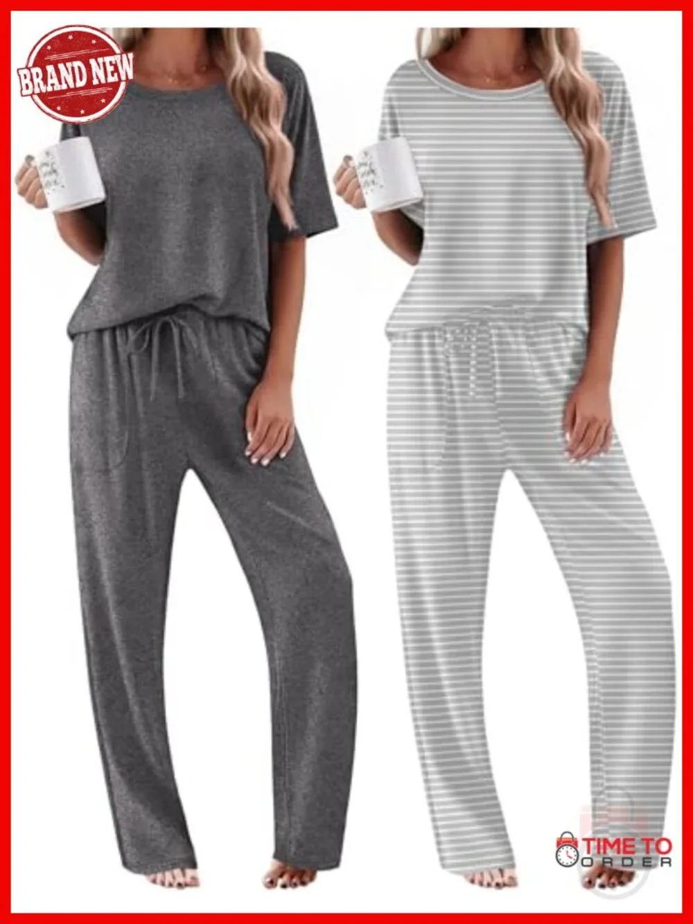 2 Pack Womens Pajama Sets Short Sleeve Tops and Long Pants Casual Lounge Set